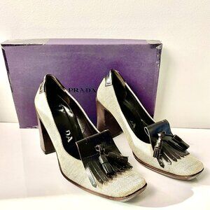 Vintage PRADA Canvas & Leather Block Heel Pumps with Tassel EU 37.5